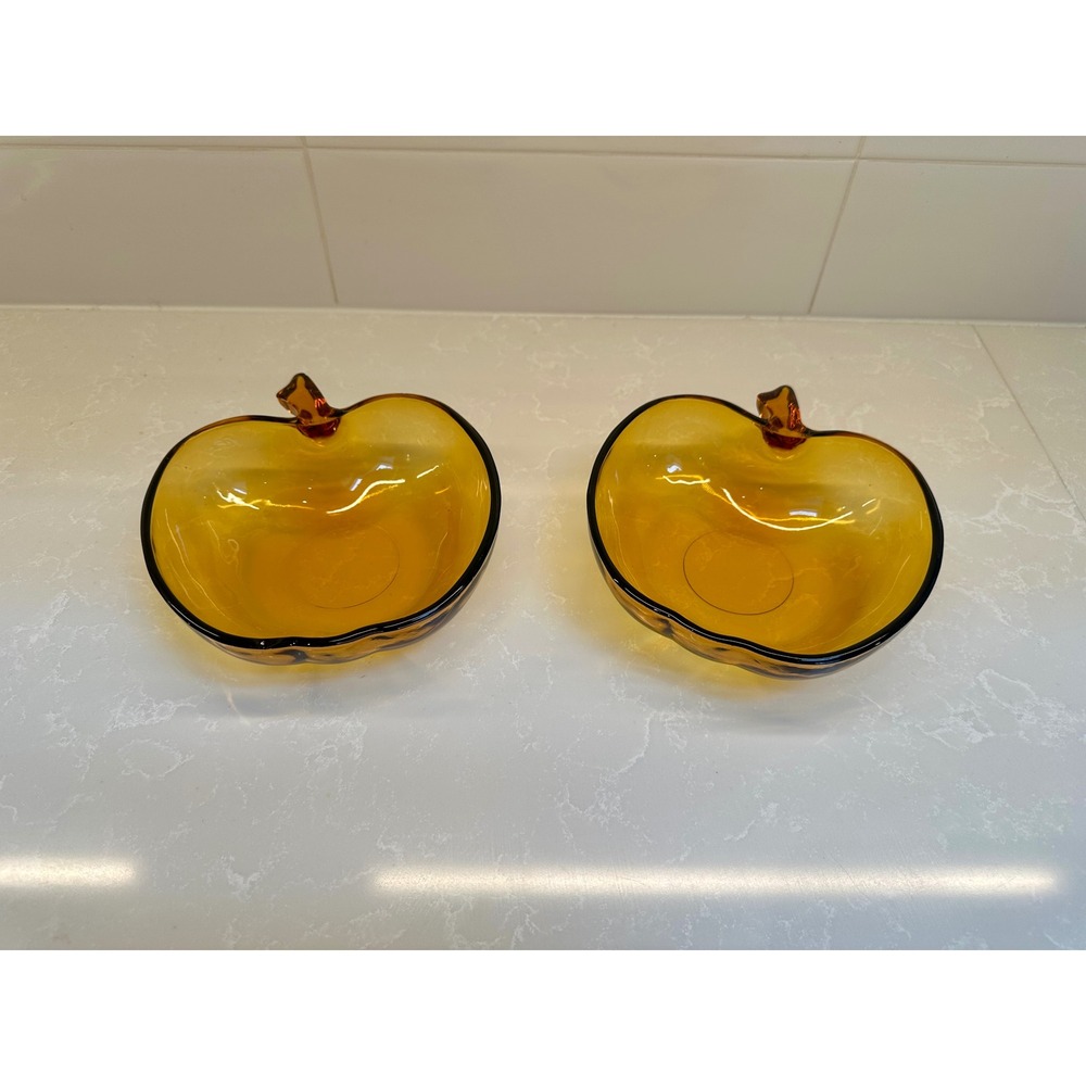 Vintage Hazel Atlas Amber Glass Apple Pumpkin Snack Bowls 1970s Fall Home Decor